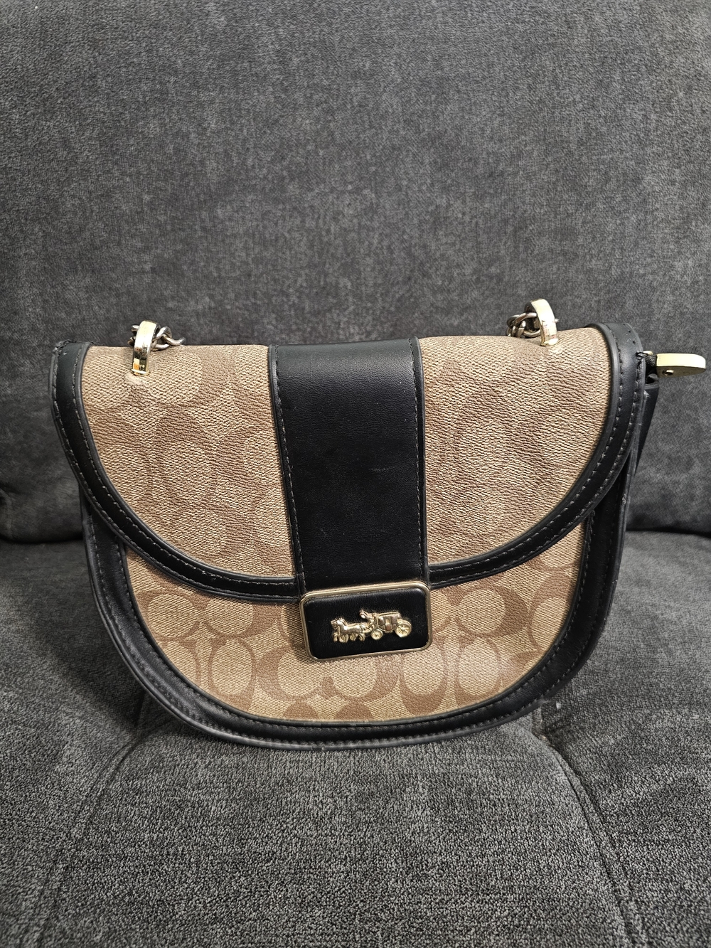 Coach Brown Signature Canvas Saddle Bag with Black Trim and Gold Hardware